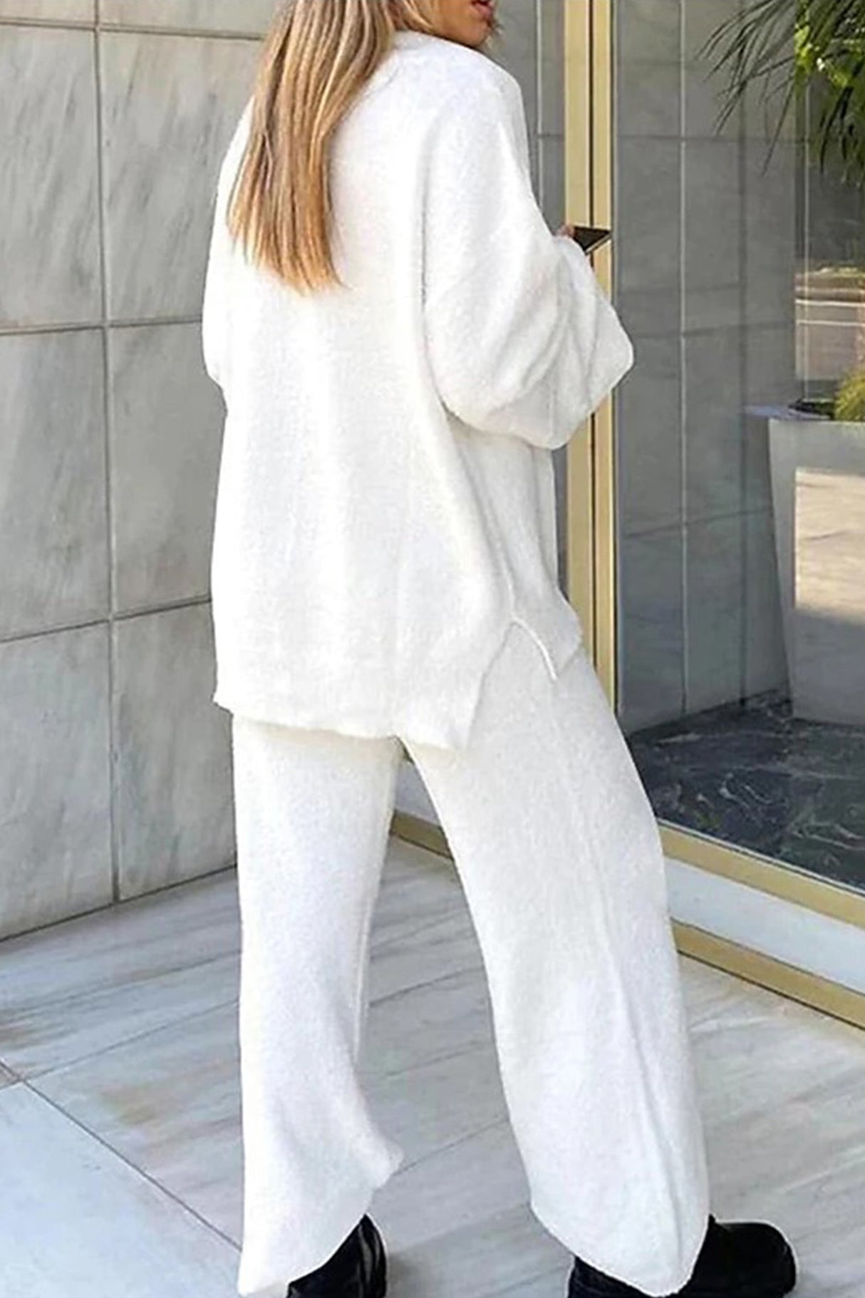 V Neck Solid Slit Hem Loungewear