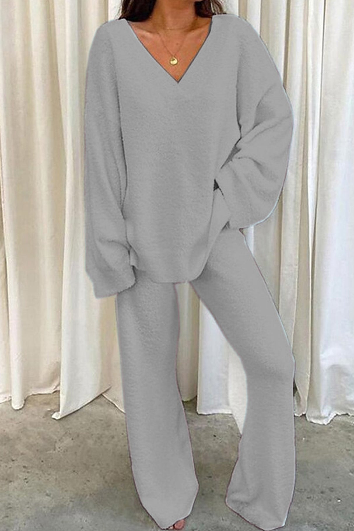 V Neck Solid Slit Hem Loungewear