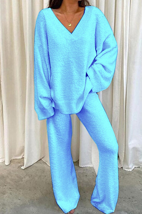 V Neck Solid Slit Hem Loungewear