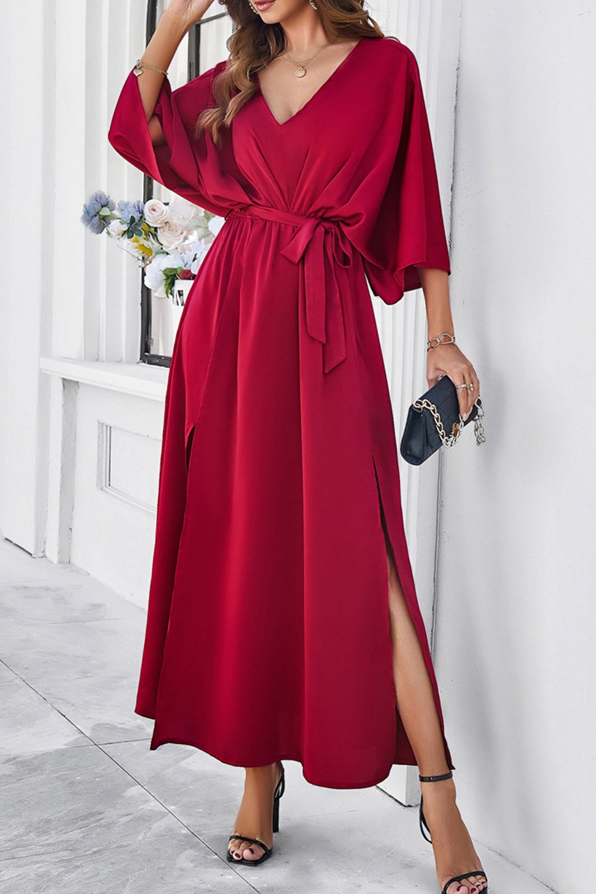 Arolora v-neck-tie-waist-slit-dress