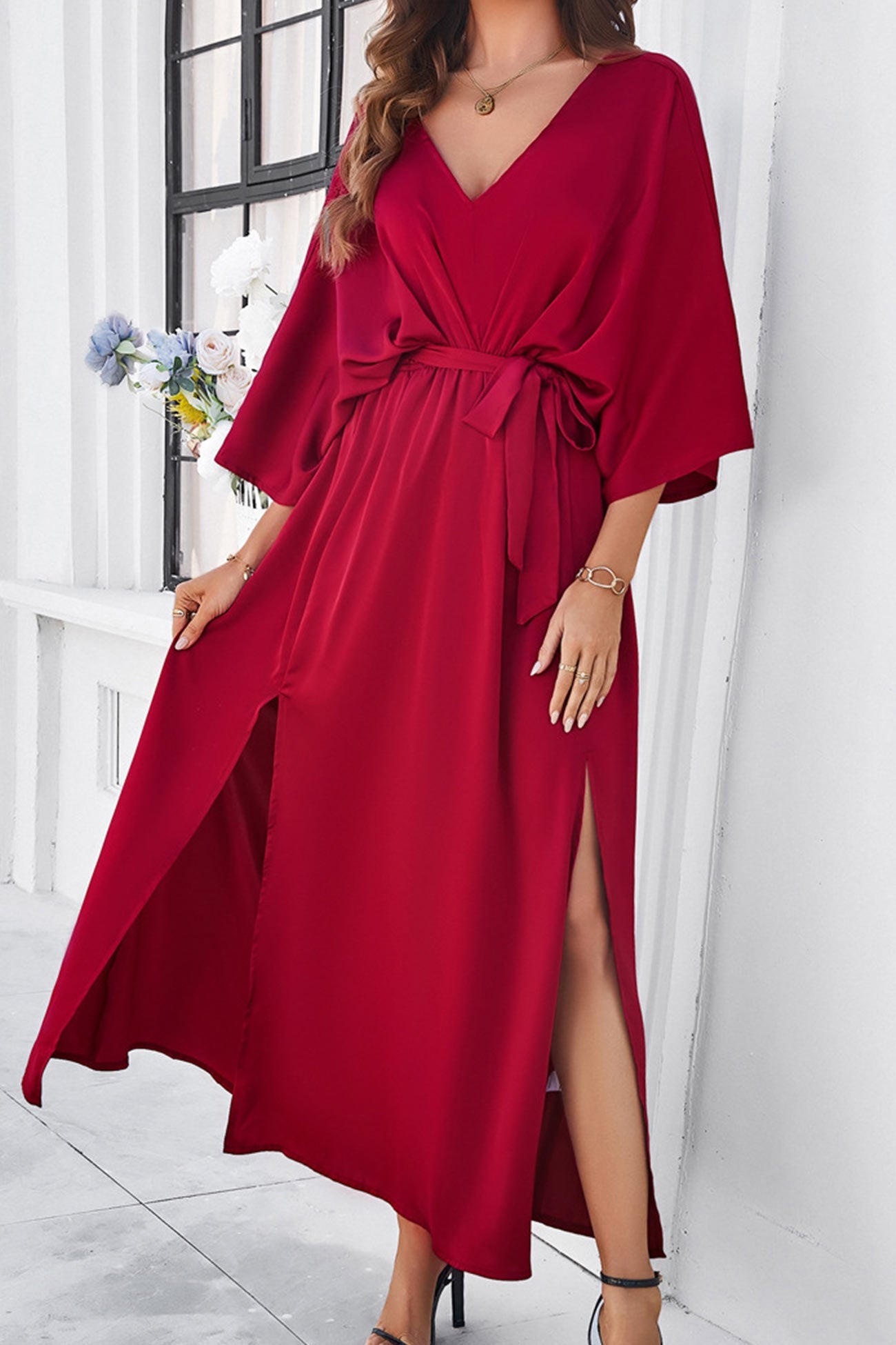 Arolora v-neck-tie-waist-slit-dress