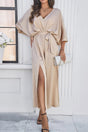 Arolora v-neck-tie-waist-slit-dress