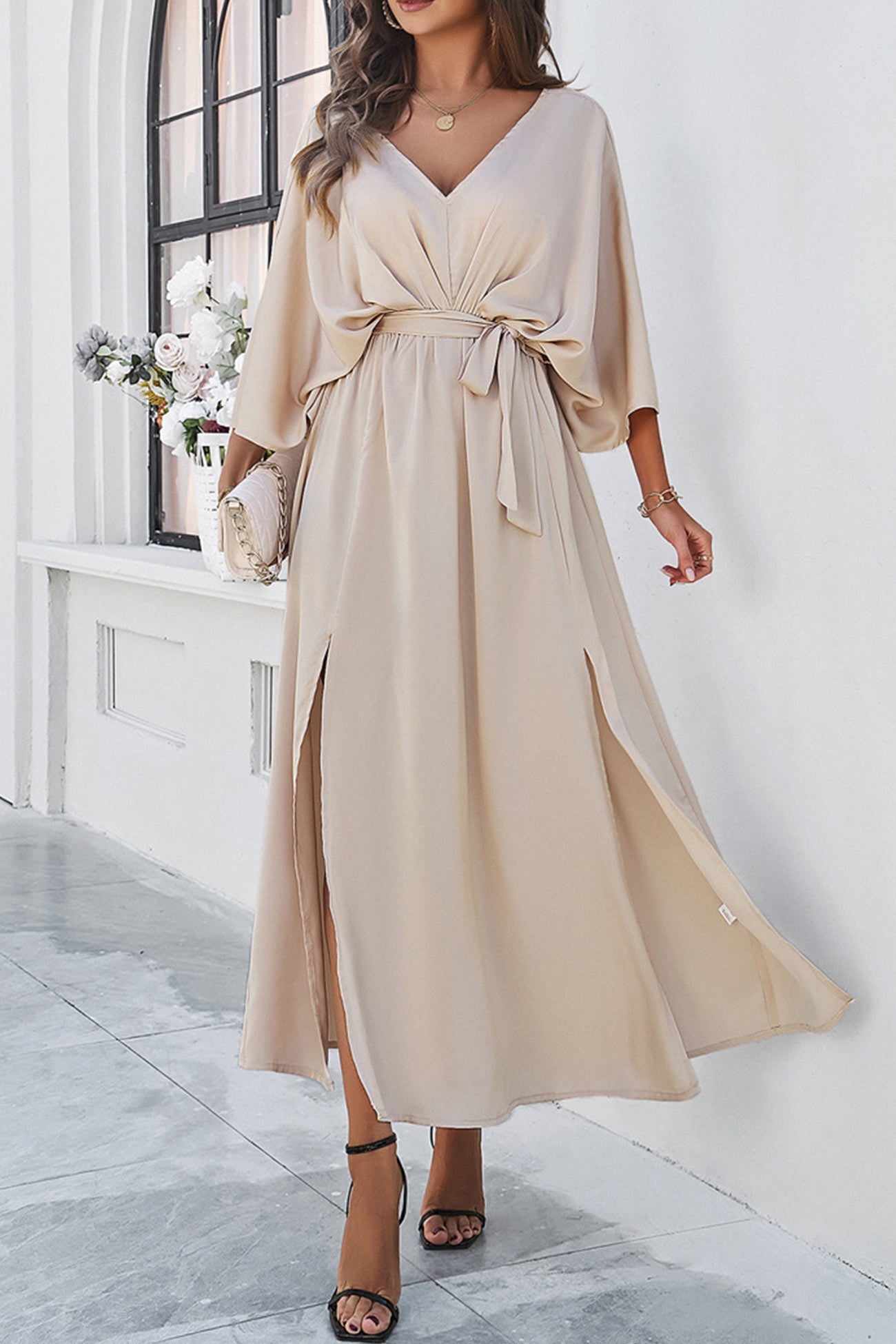 Arolora v-neck-tie-waist-slit-dress