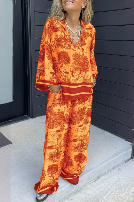 V Neck Vintage Print Two-piece Outfit