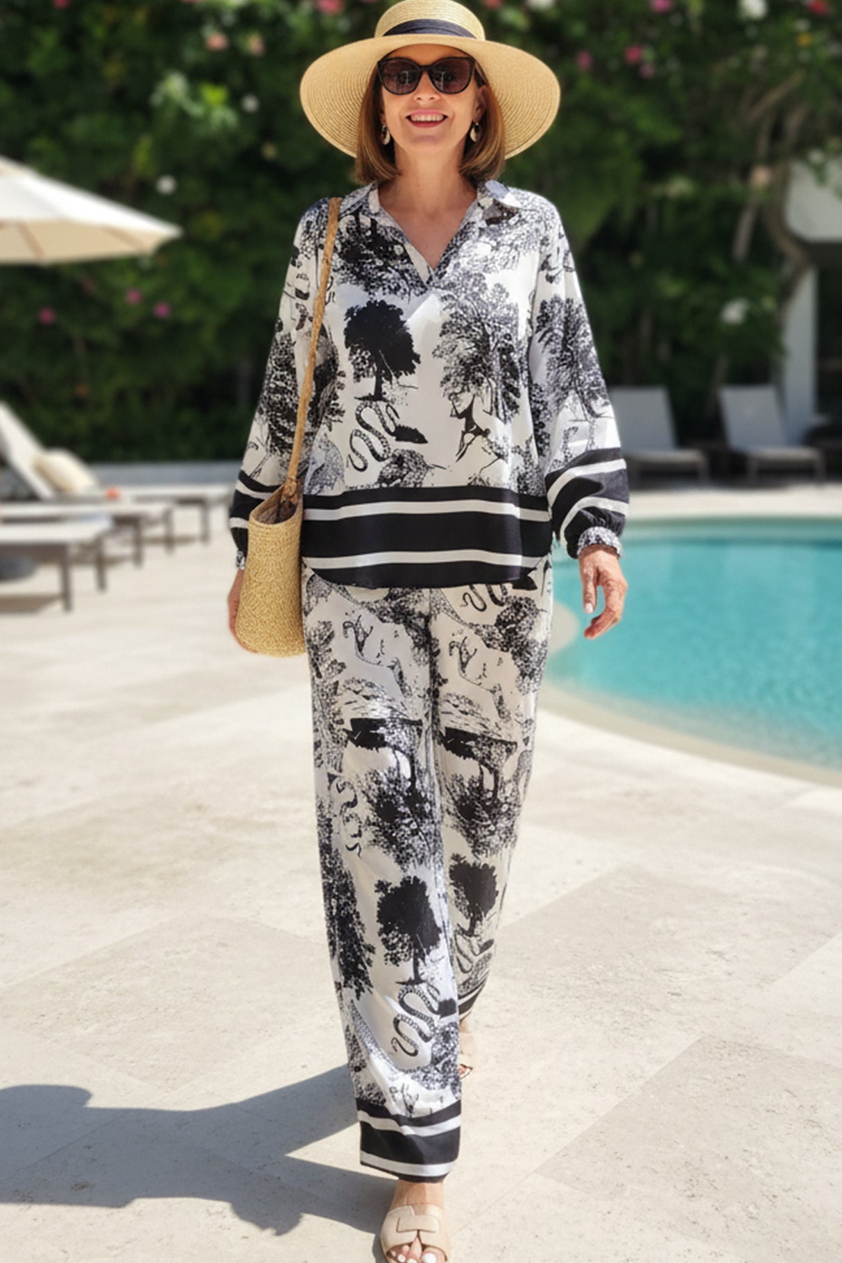 V Neck Vintage Print Two-piece Outfit