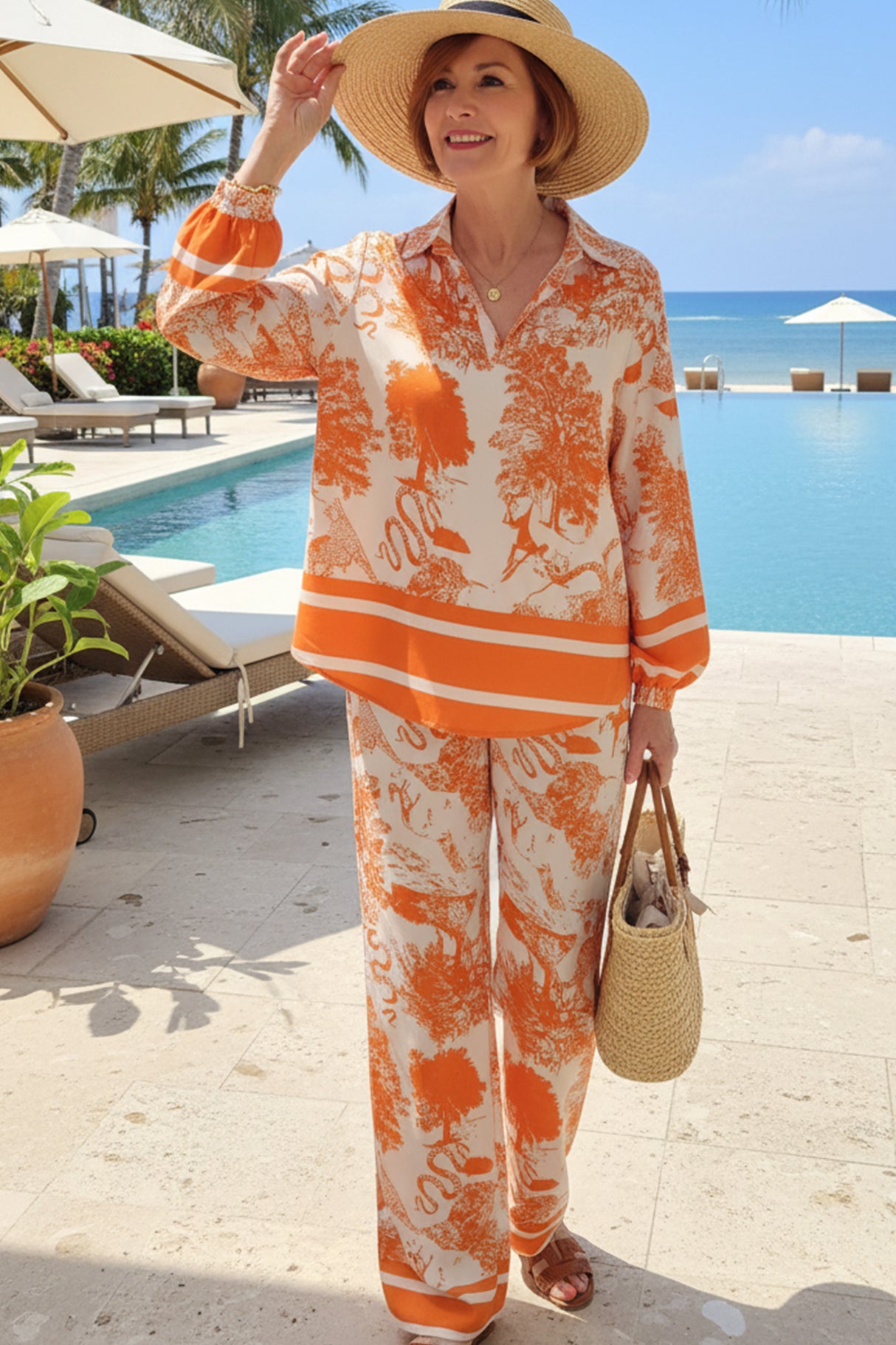 V Neck Vintage Print Two-piece Outfit