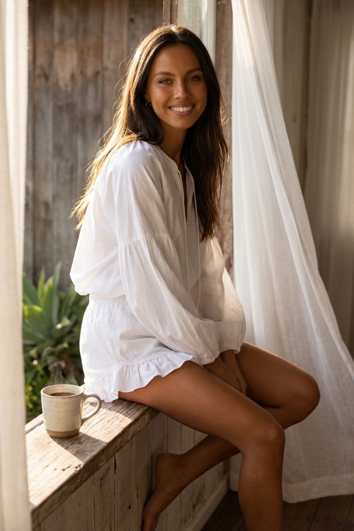 V-neck Lantern Sleeve Cotton Shirt Set