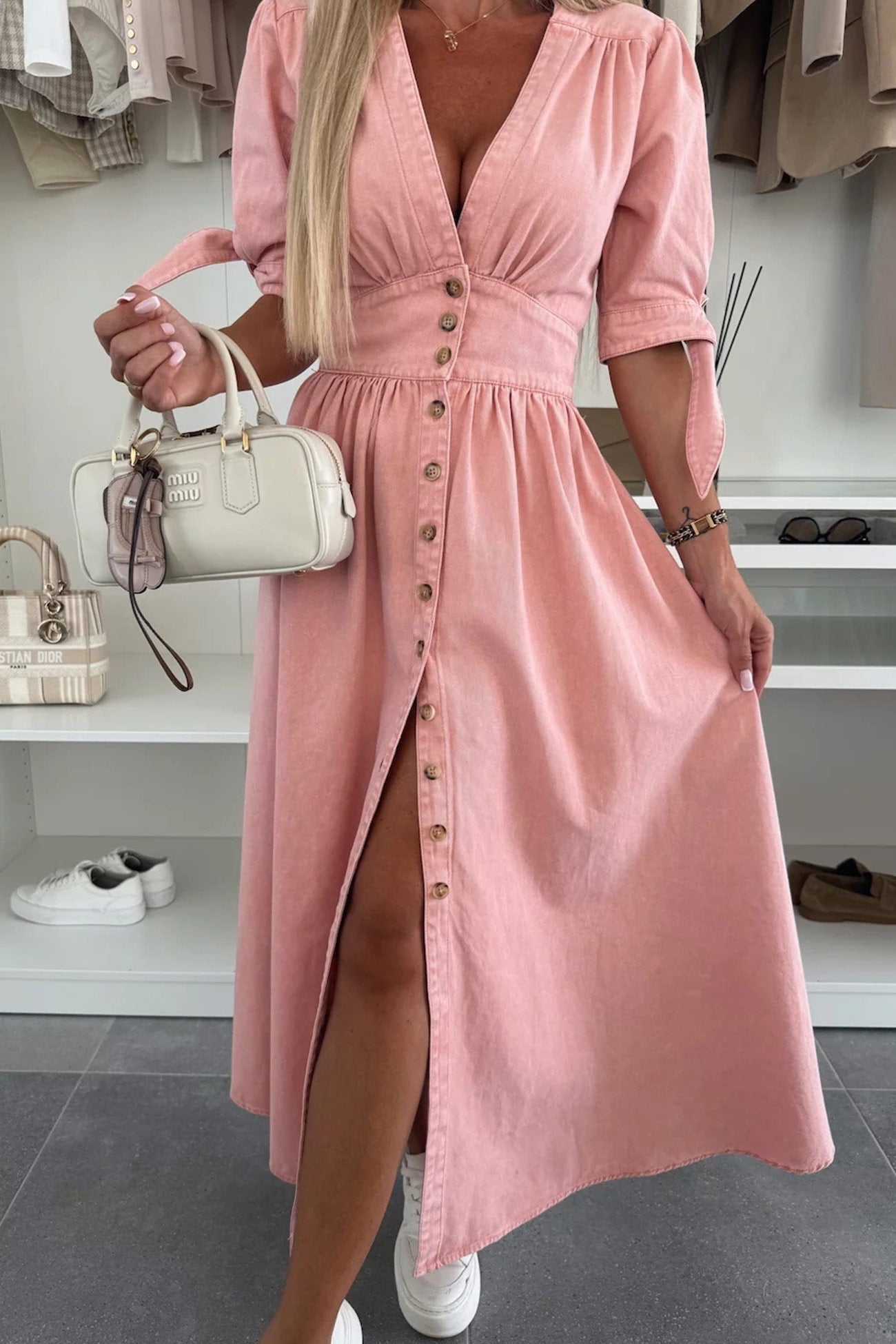 Arolora V-neck Single-breasted Denim Dress