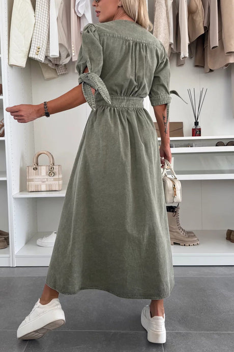 Arolora V-neck Single-breasted Denim Dress