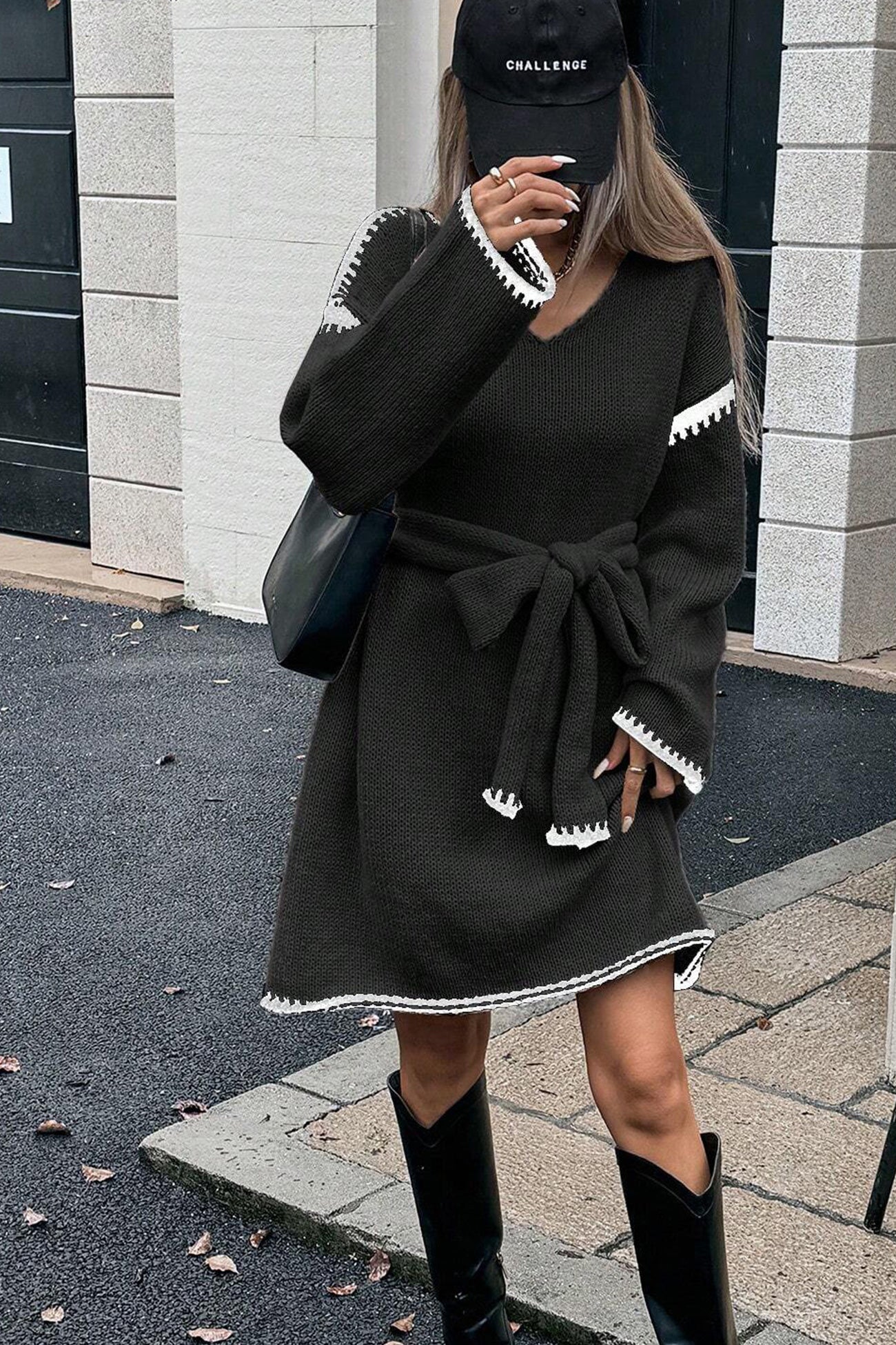 V-neck Tie-waist Loose Knitted Dress