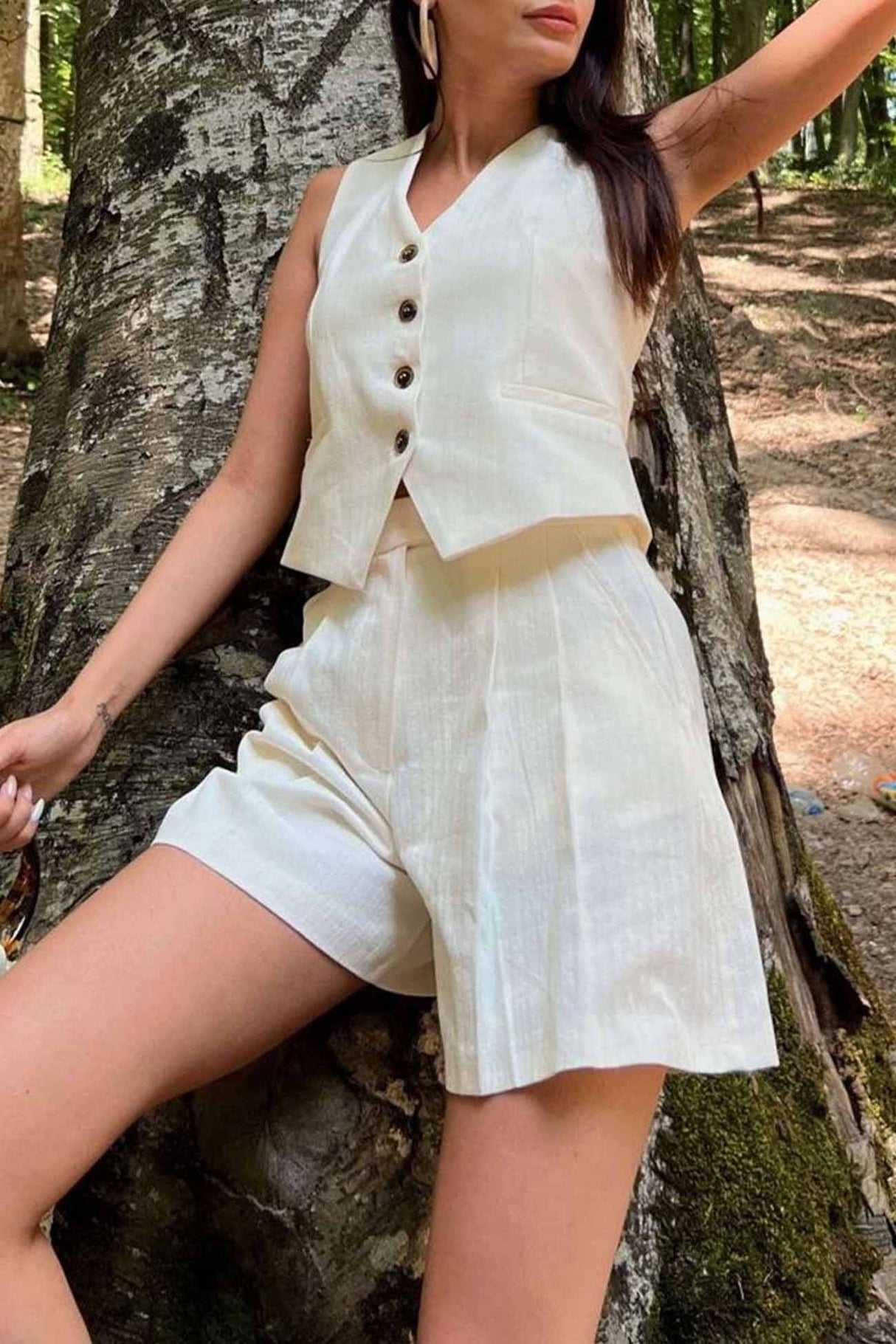 V Neck Button Front Vest Shorts Set