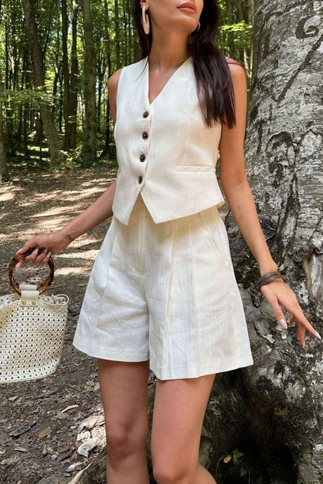 V Neck Button Front Vest Shorts Set