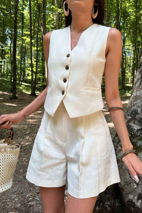 V Neck Button Front Vest Shorts Set