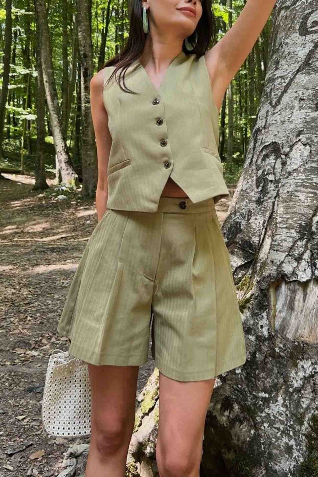 V Neck Button Front Vest Shorts Set