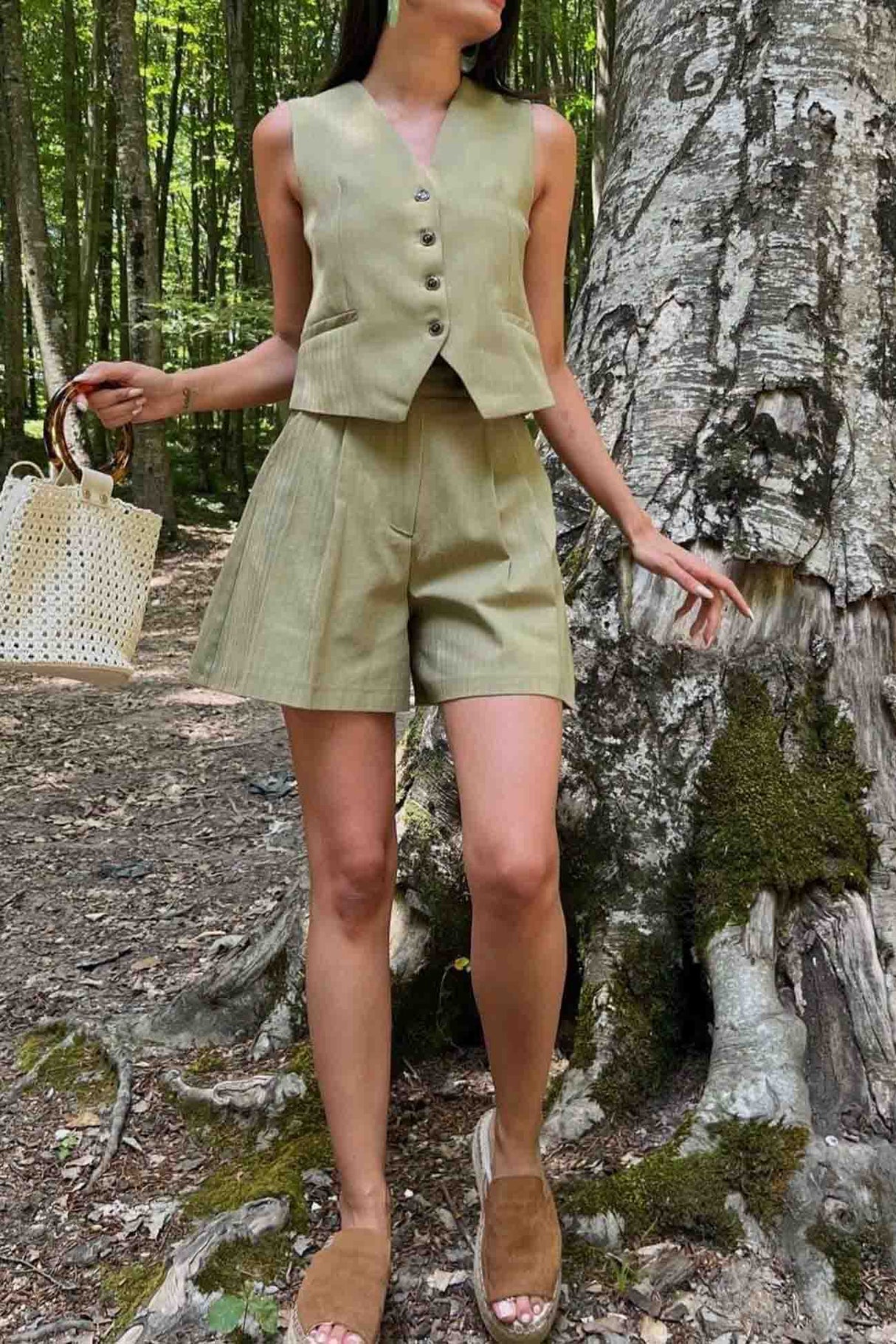 V Neck Button Front Vest Shorts Set