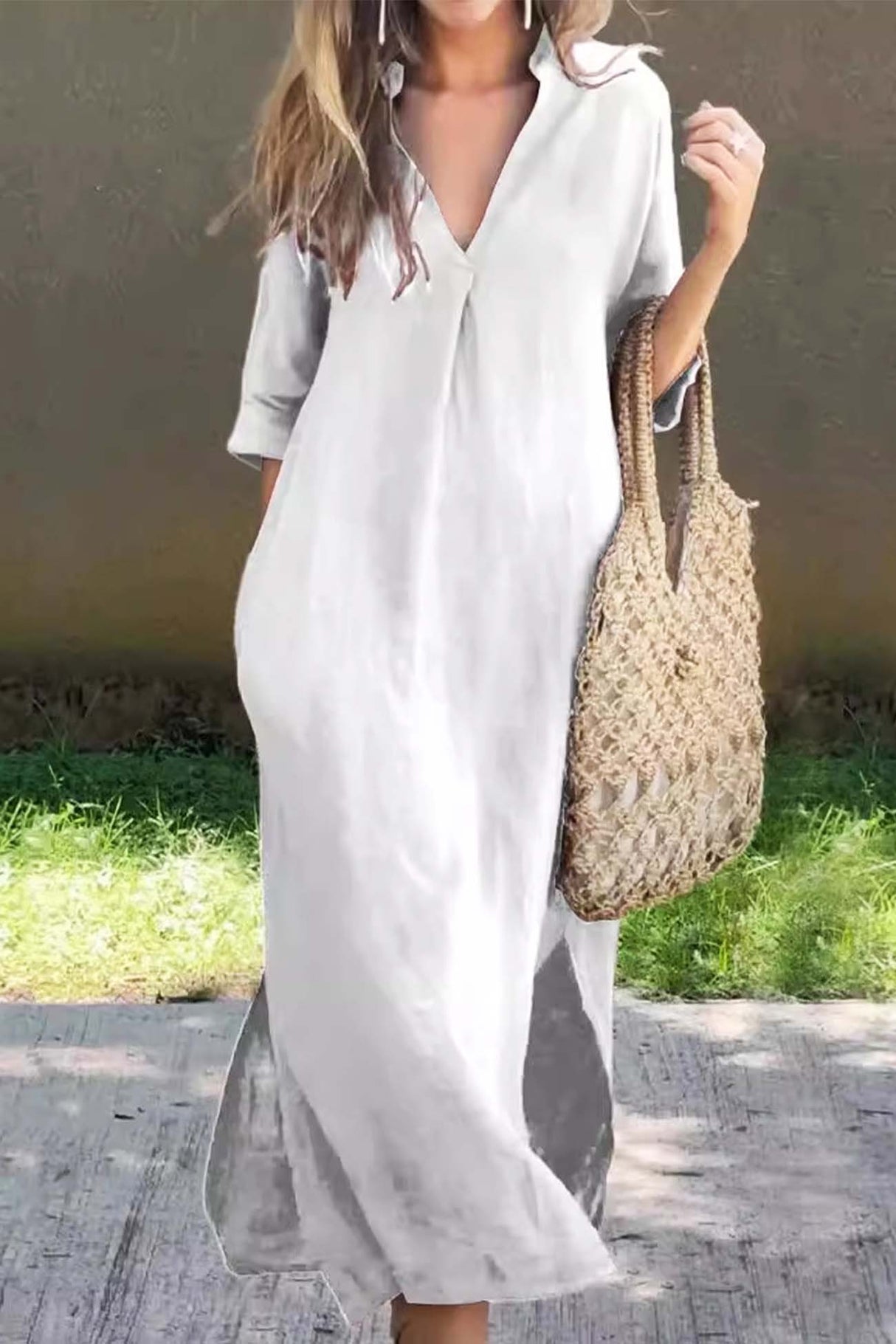 V Neck Half Sleeve Slit Midi Dress