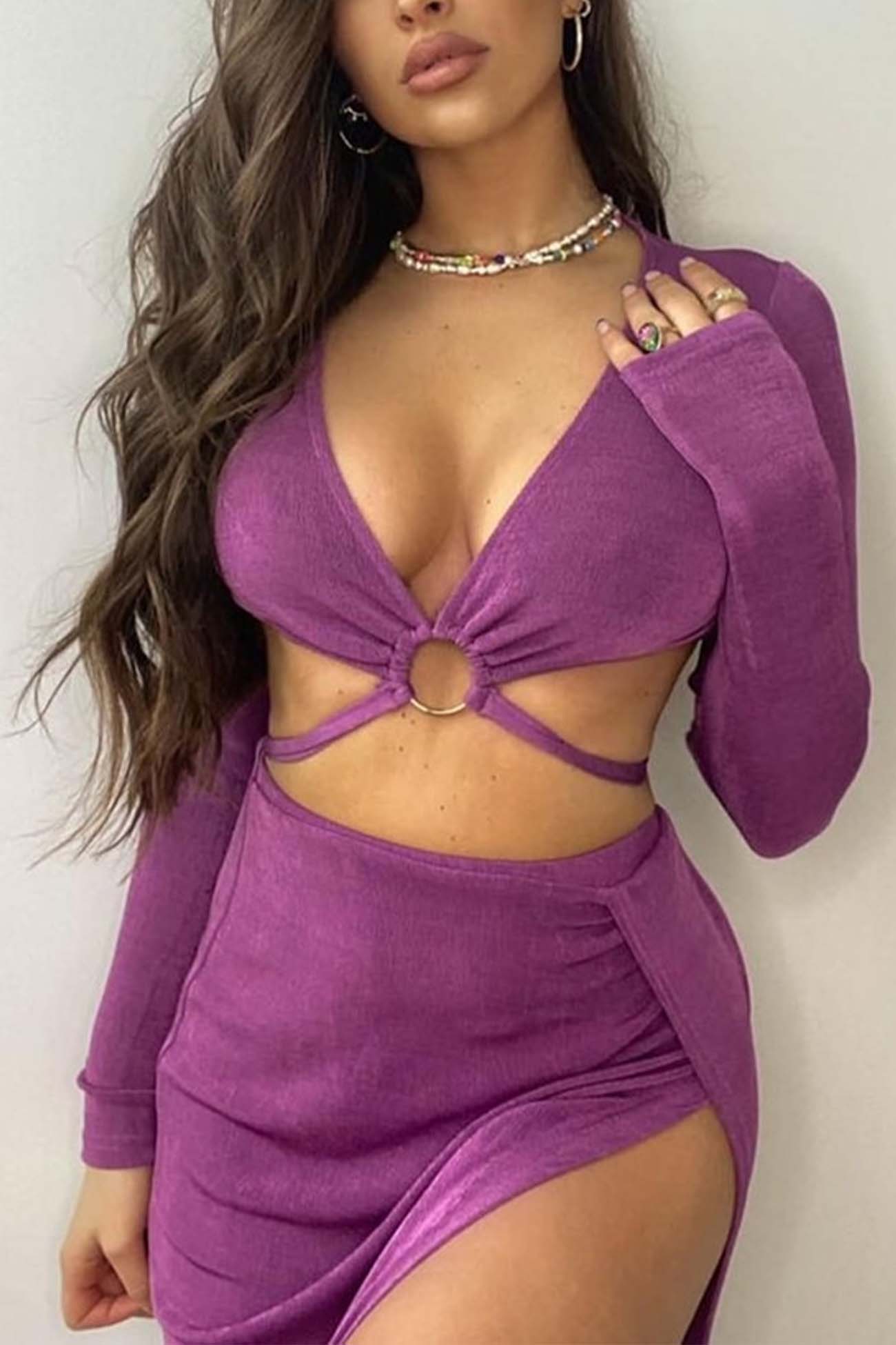 V Neck Ring Strappy Crop Top Slit Skirt Set