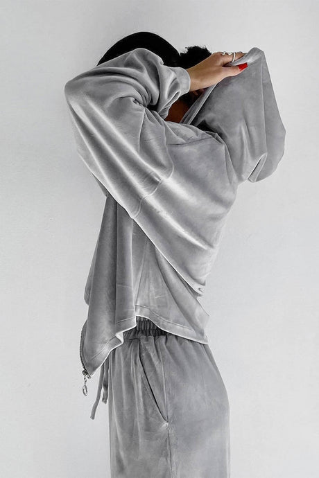 Arolora Velvet Hooded Zipper Pocket Two-Piece Set