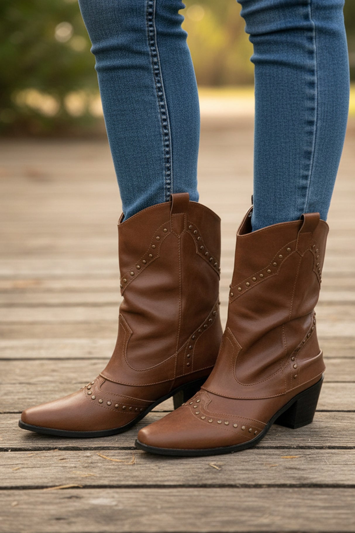 Vintage Pointed Toe Rivet Mid-Calf Boots