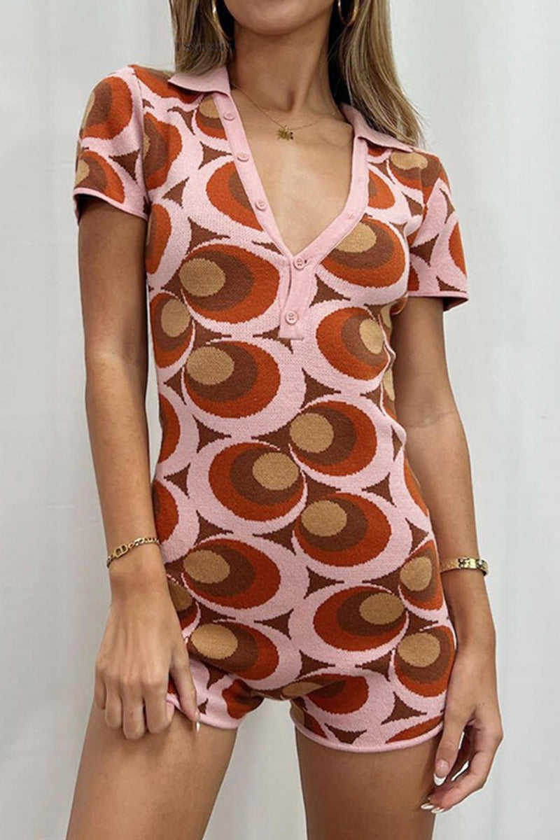 Vintage Printed V Neck Button Down Knit Rompers AROLORA