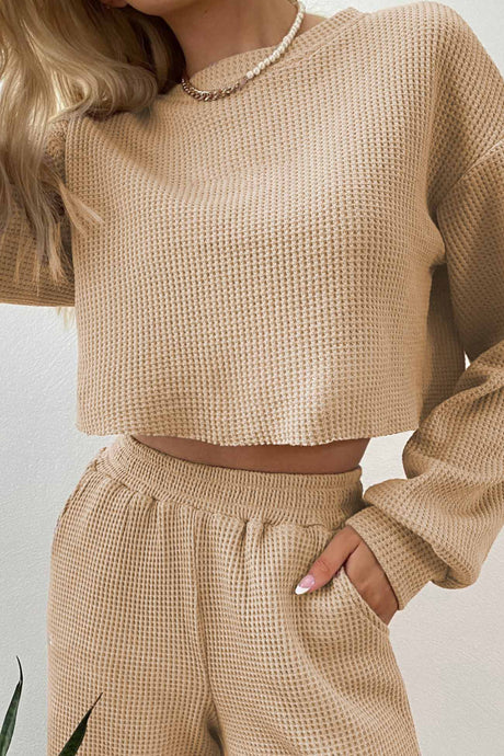 Waffle Solid Sweatshirt Long Pants Set