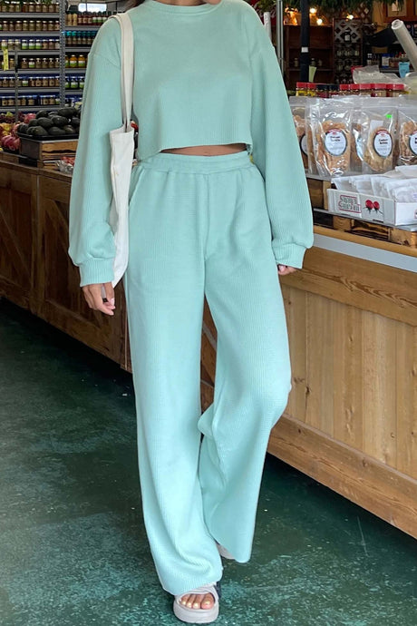 Waffle Solid Sweatshirt Long Pants Set