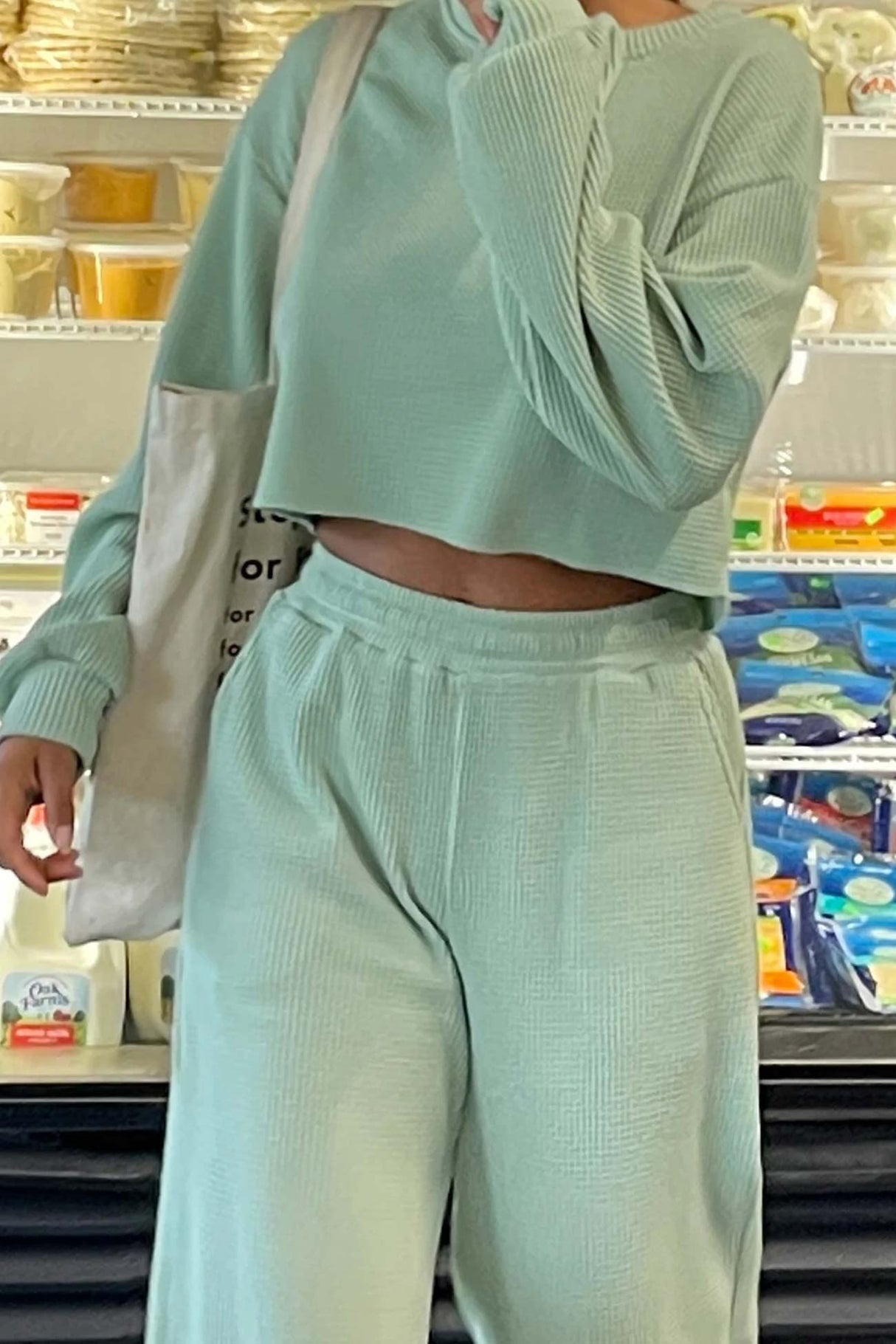 Waffle Solid Sweatshirt Long Pants Set