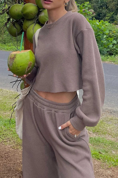 Waffle Solid Sweatshirt Long Pants Set