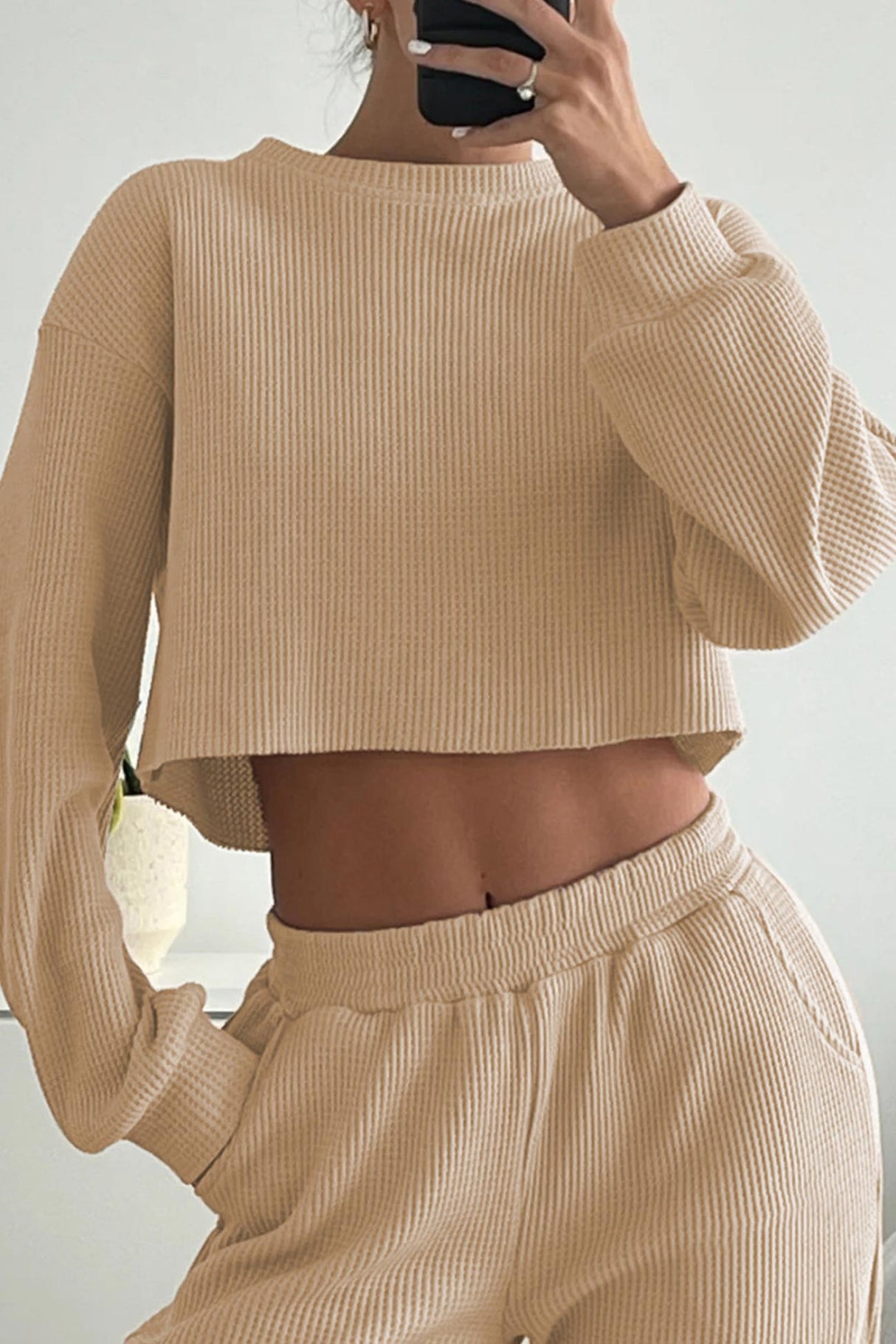 Waffle Solid Sweatshirt Long Pants Set