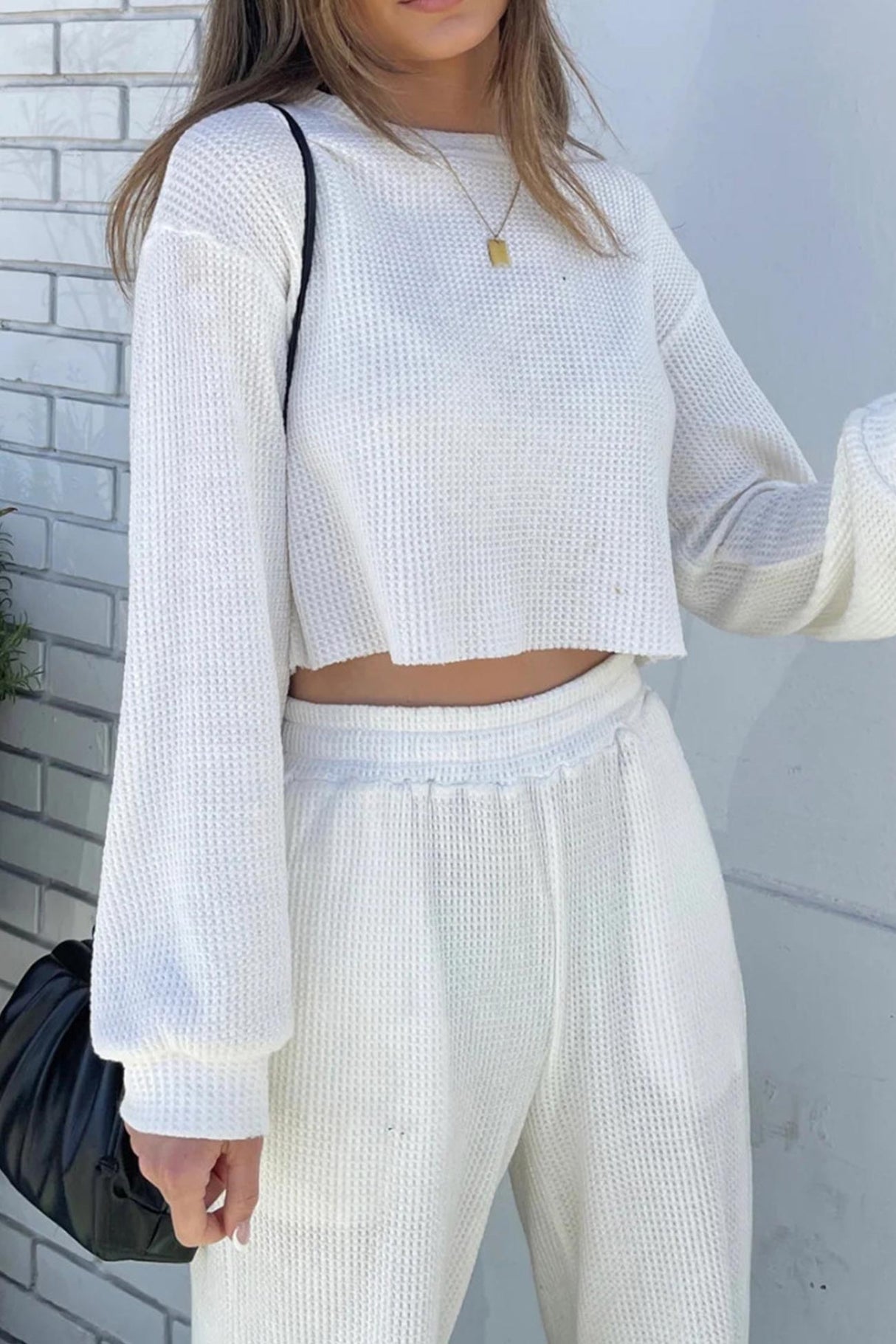 Waffle Solid Sweatshirt Long Pants Set