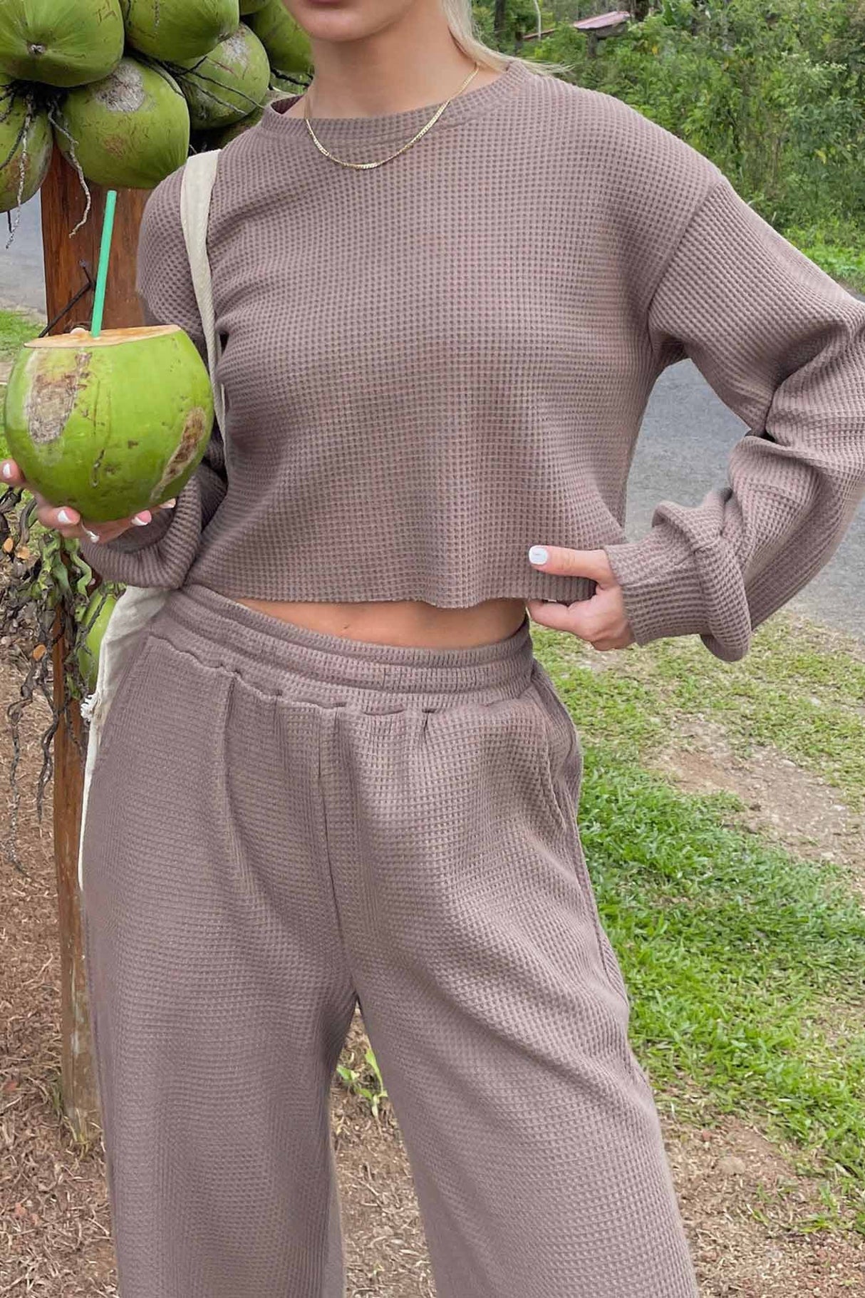 Waffle Solid Sweatshirt Long Pants Set