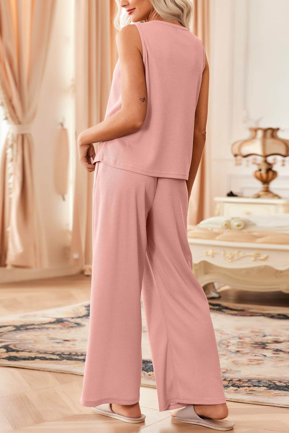 Arolora Waffle Tank Top Two-piece Pants Set