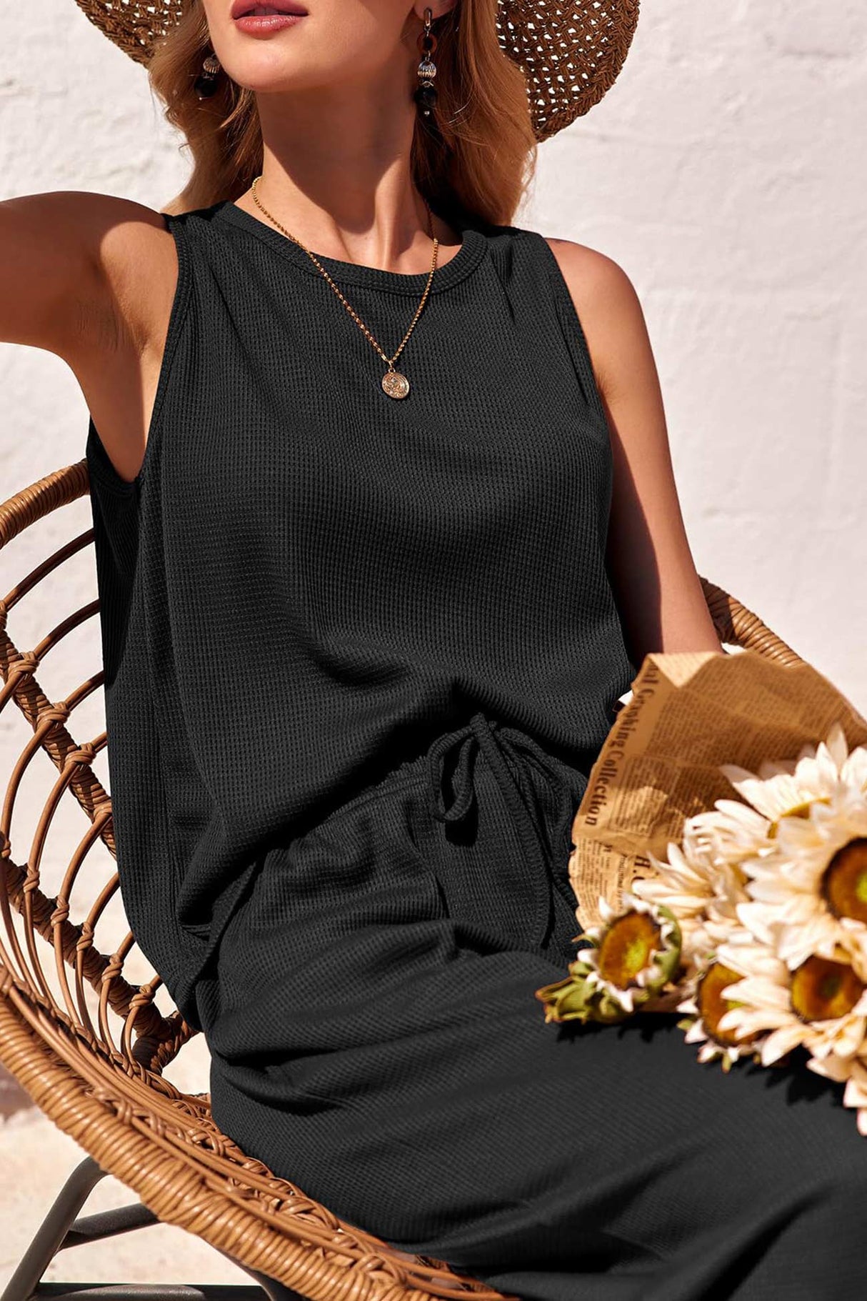 Arolora Waffle Tank Top Two-piece Pants Set