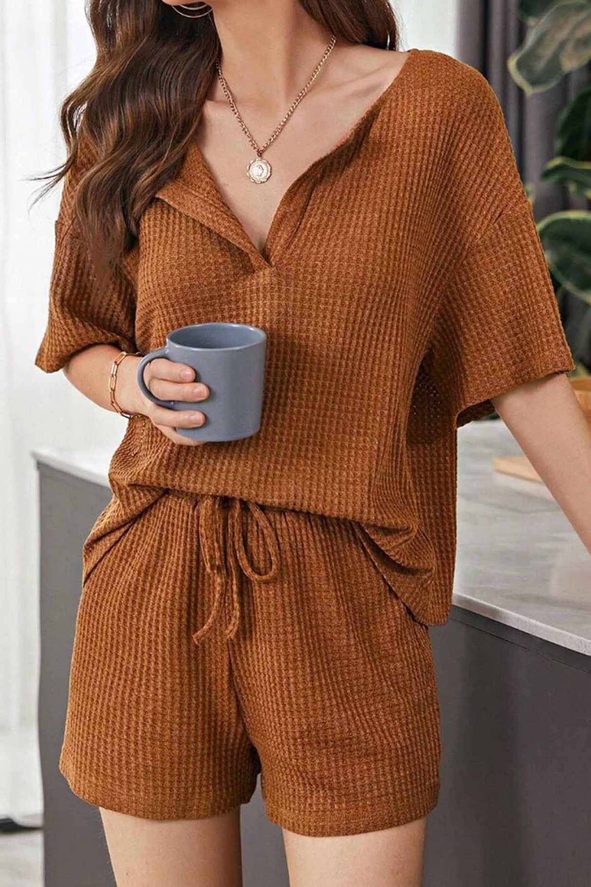 Waffle Drop Shoulder Drawstring Shorts Set