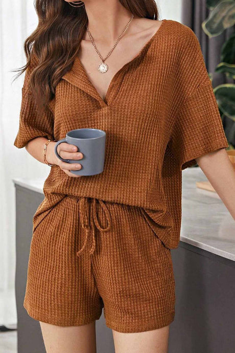 Waffle Drop Shoulder Drawstring Shorts Set