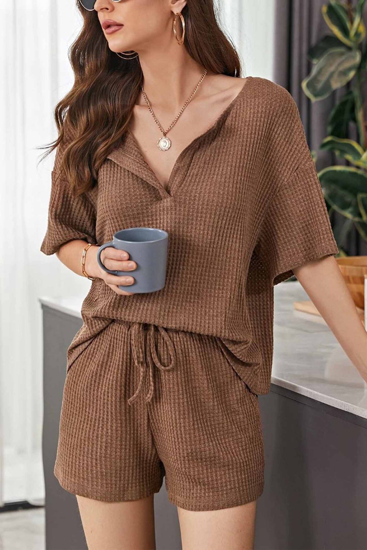 Waffle Drop Shoulder Drawstring Shorts Set