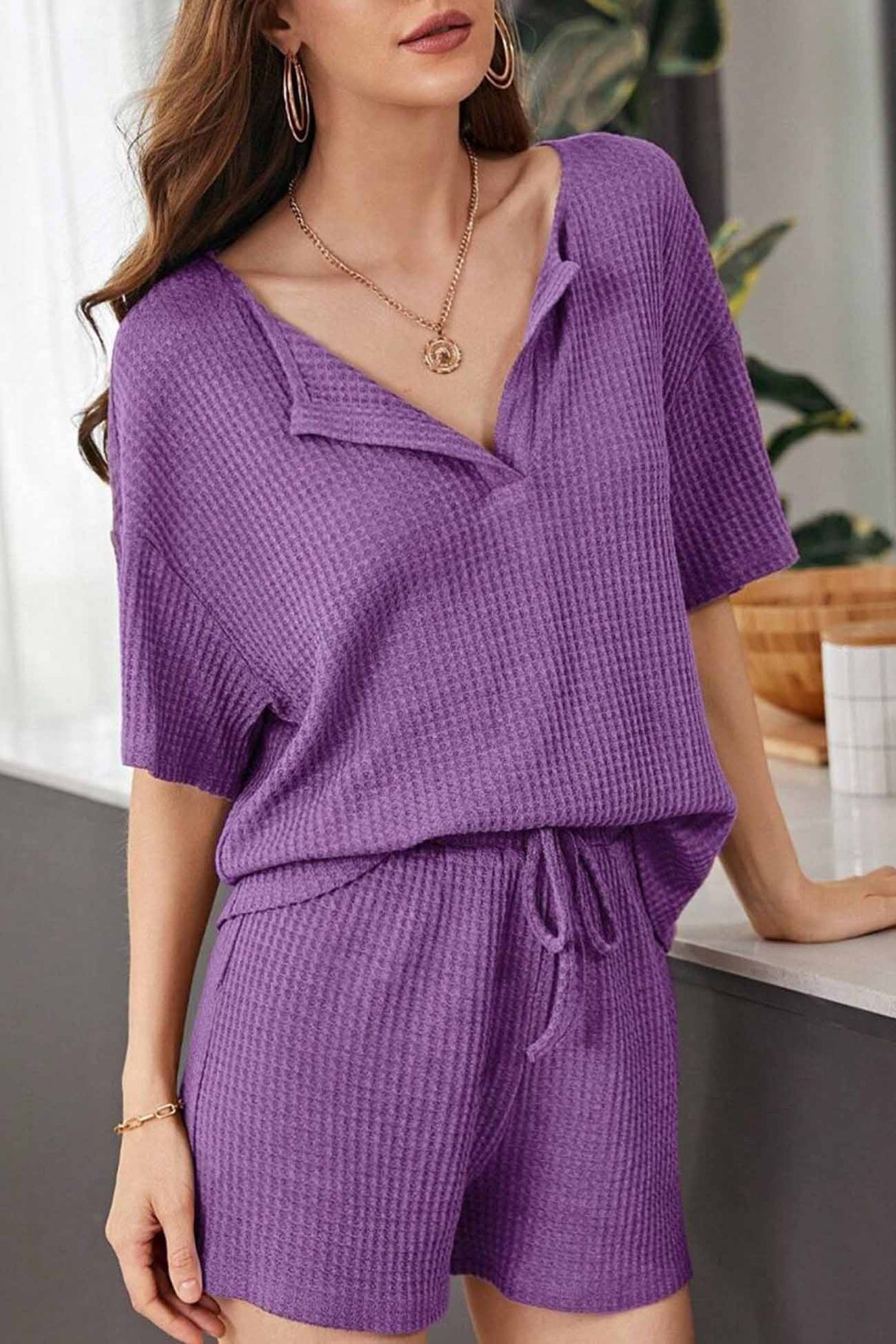 Waffle Drop Shoulder Drawstring Shorts Set