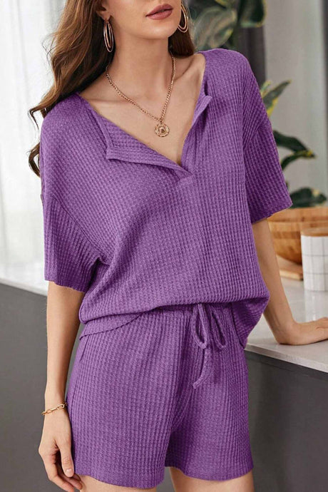 Waffle Drop Shoulder Drawstring Shorts Set