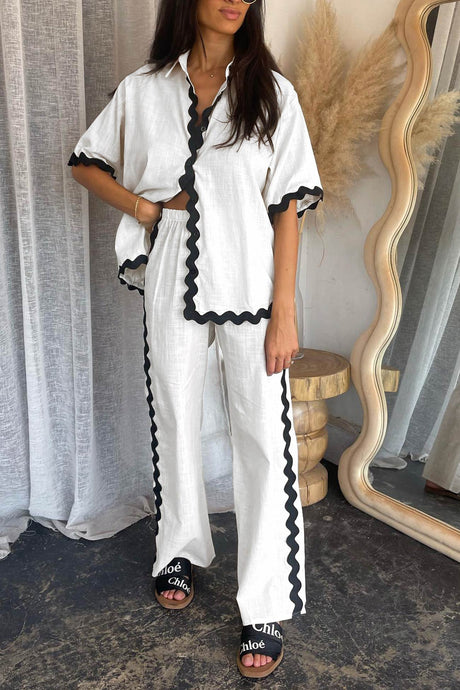 Arolora wavy-stitching-blouse-long-pants-set