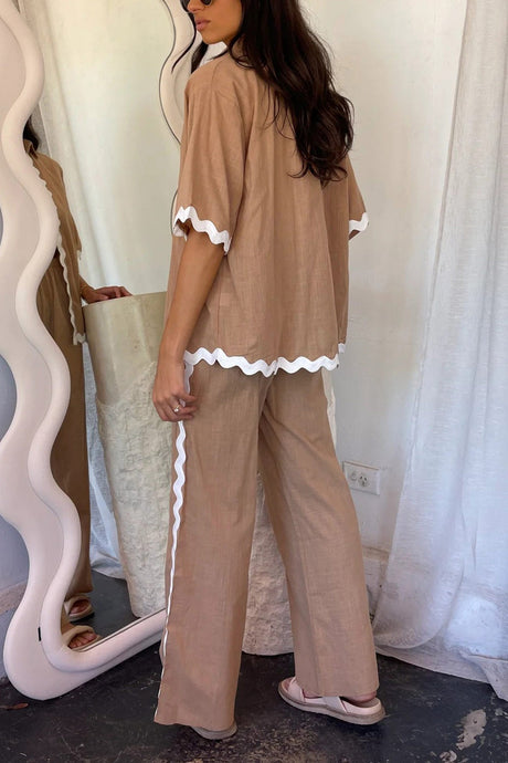 Arolora wavy-stitching-blouse-long-pants-set