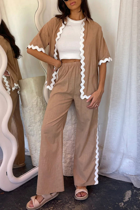 Arolora wavy-stitching-blouse-long-pants-set