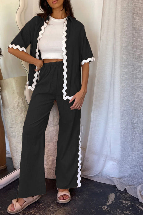 Arolora wavy-stitching-blouse-long-pants-set