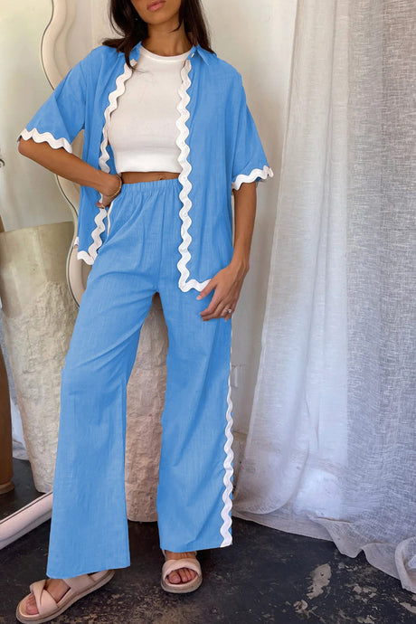 Arolora wavy-stitching-blouse-long-pants-set