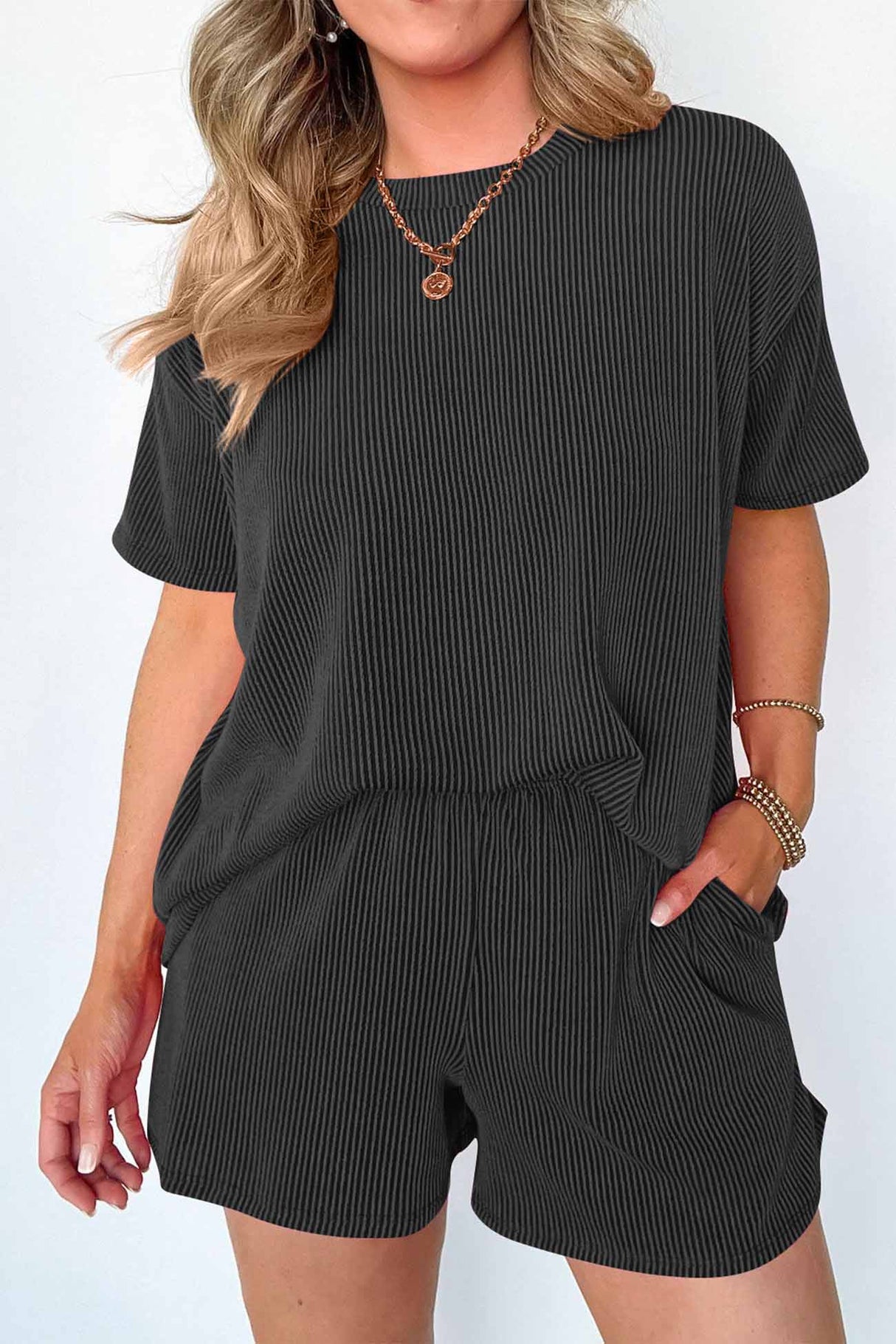 Wavy Stripe Short Sleeve Shorts Two-Piece Set