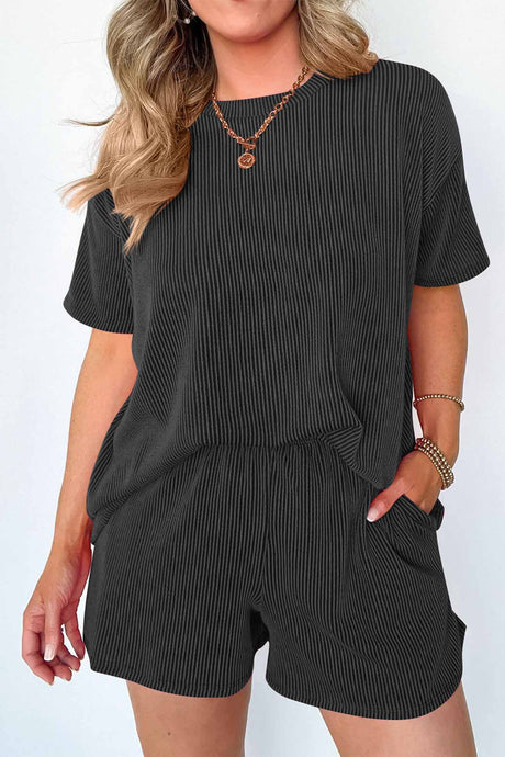 Wavy Stripe Short Sleeve Shorts Two-Piece Set