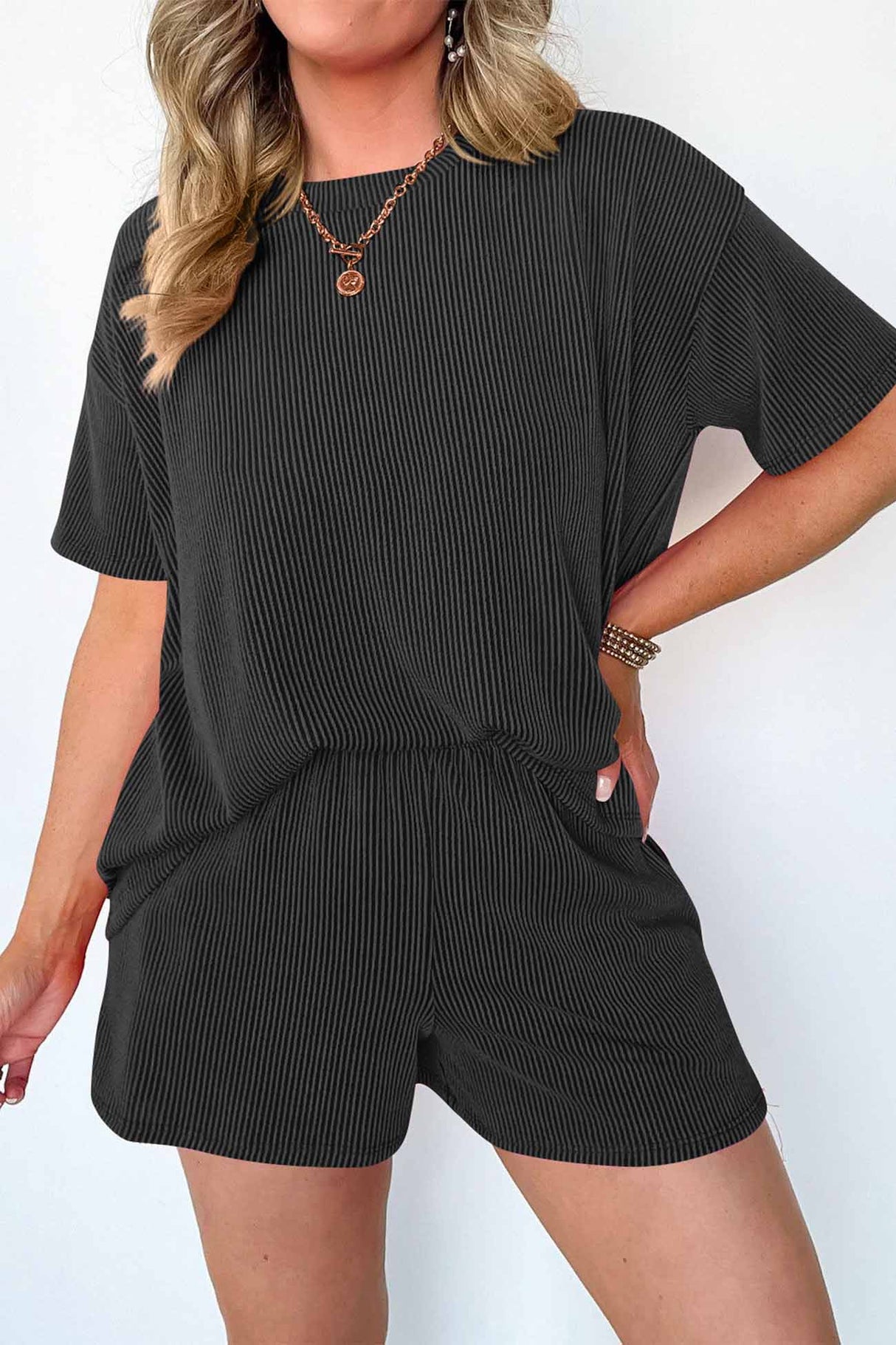 Wavy Stripe Short Sleeve Shorts Two-Piece Set