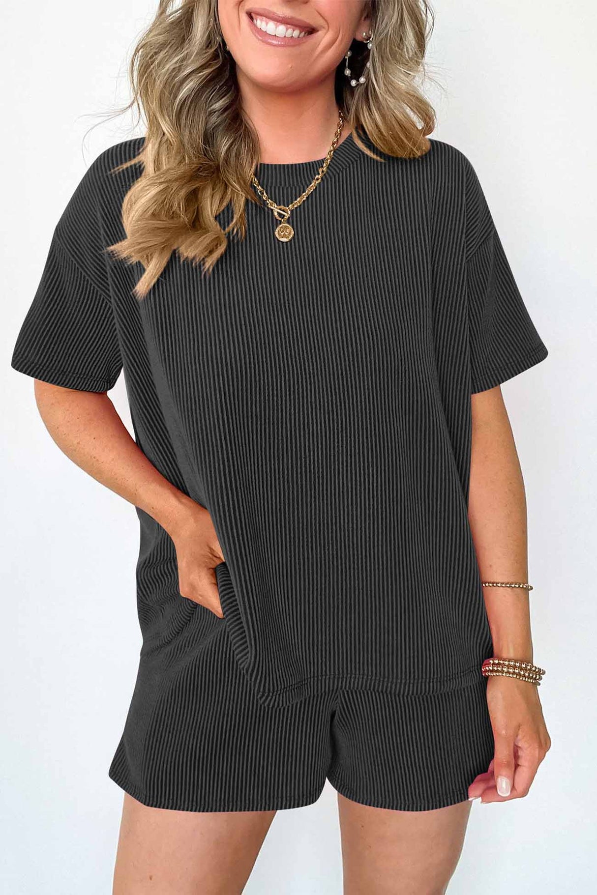 Wavy Stripe Short Sleeve Shorts Two-Piece Set