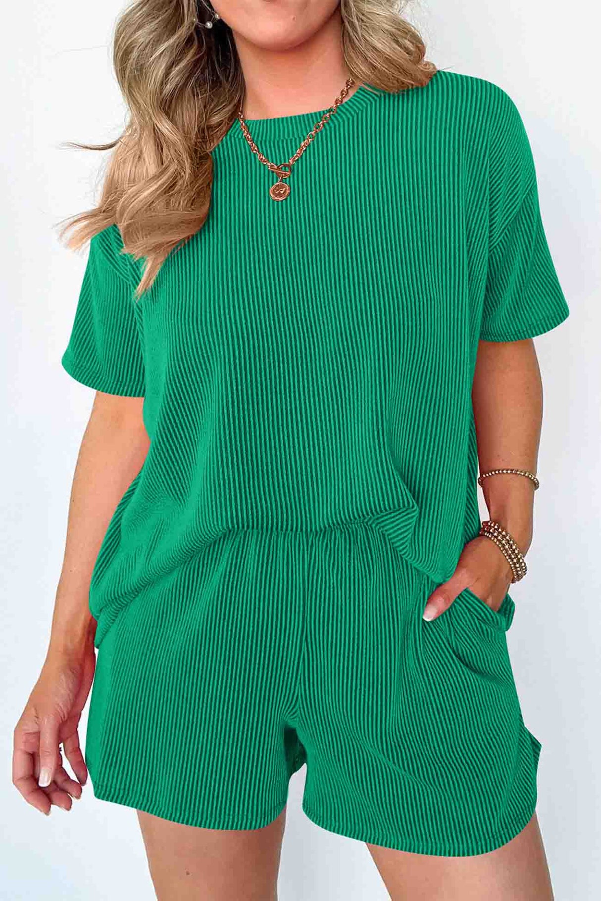 Wavy Stripe Short Sleeve Shorts Two-Piece Set