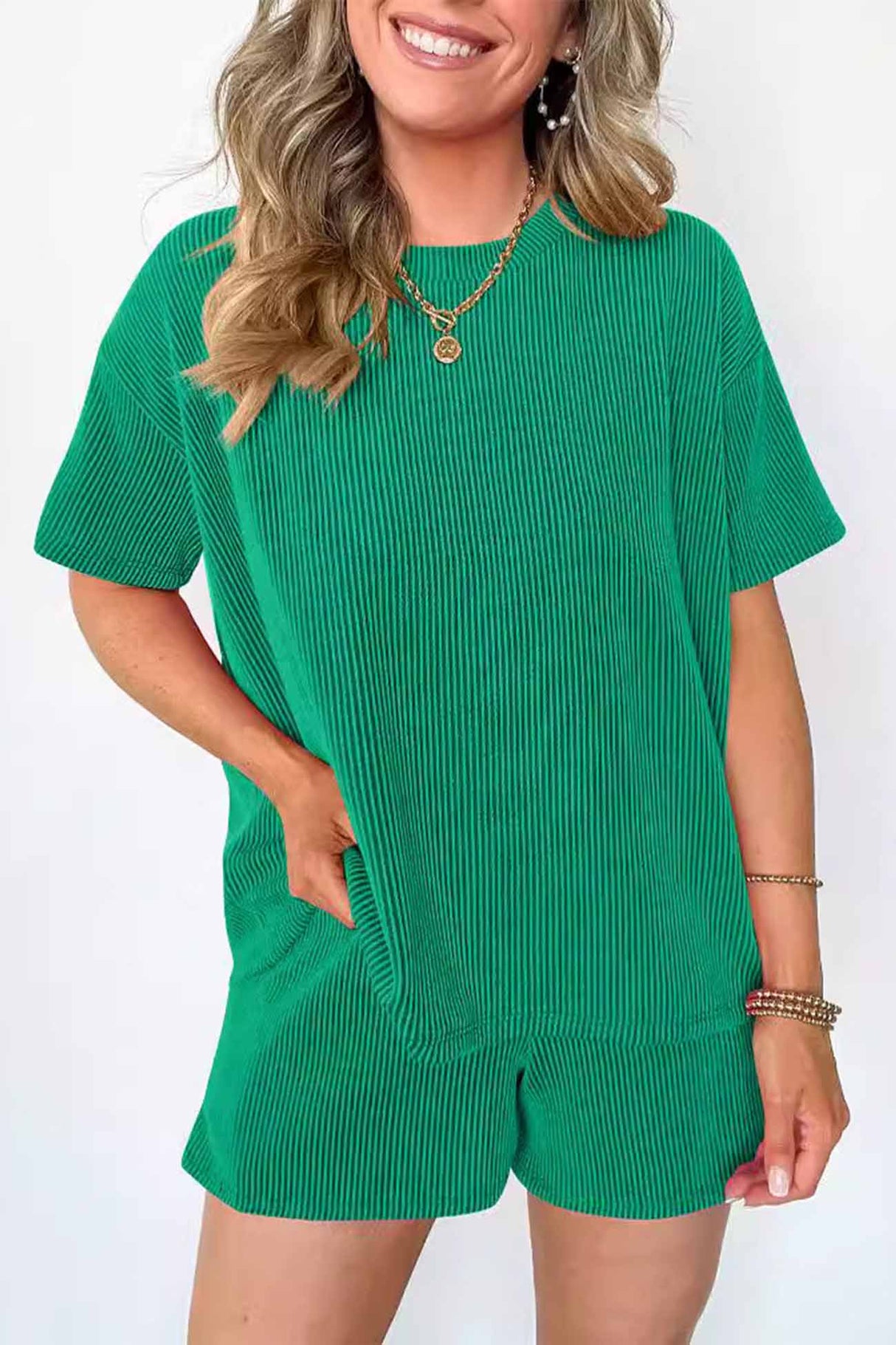 Wavy Stripe Short Sleeve Shorts Two-Piece Set