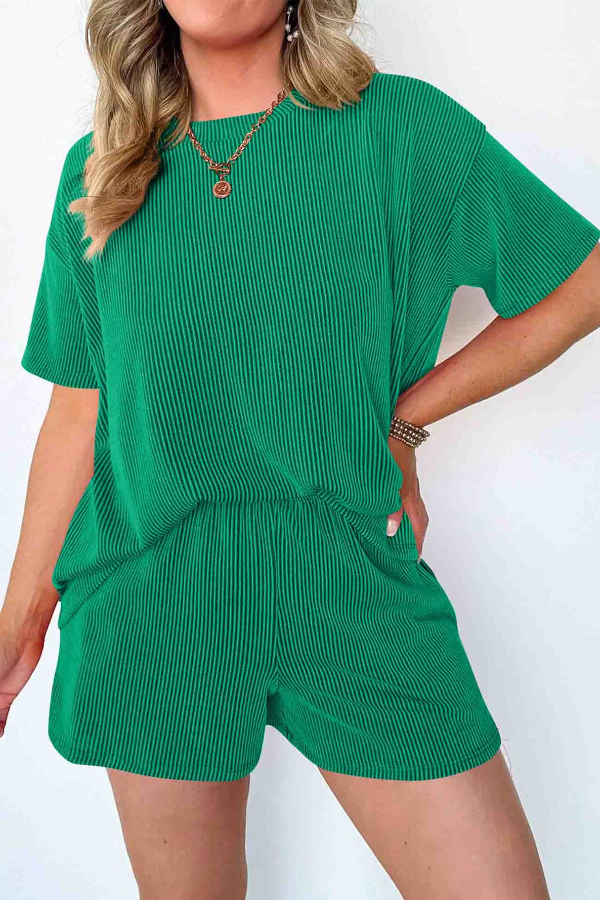 Wavy Stripe Short Sleeve Shorts Two-Piece Set